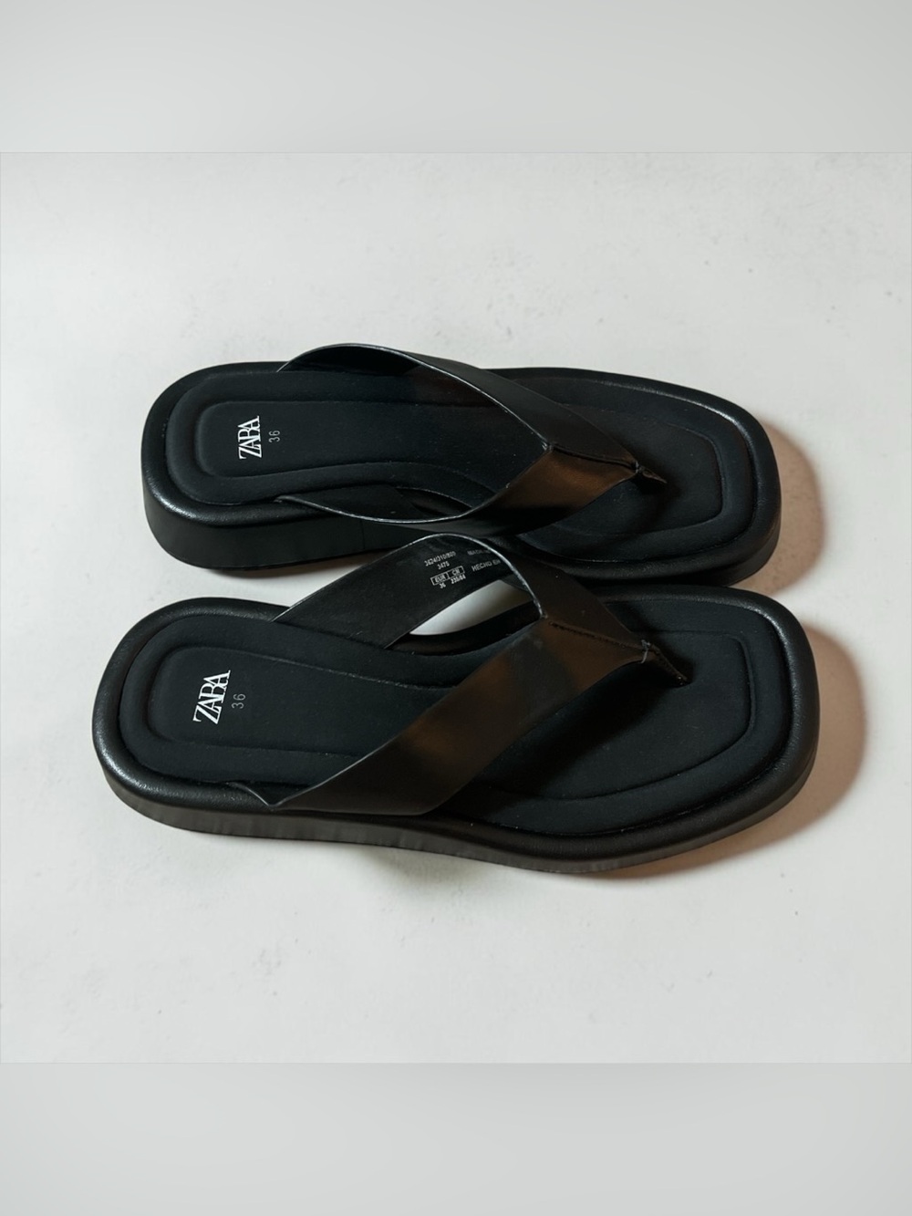 Zara Womens Black Leather Open Toe Slip-On Thong Platform Sandals